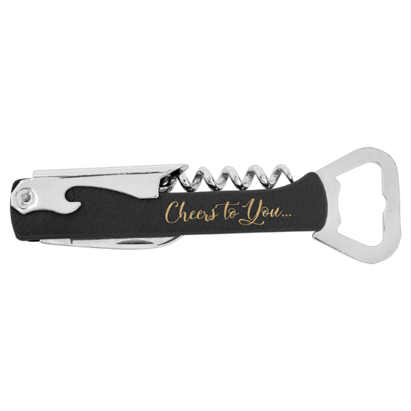 5.25" (Black/Gold) Laserable Leatherette Wine Bottle Opener