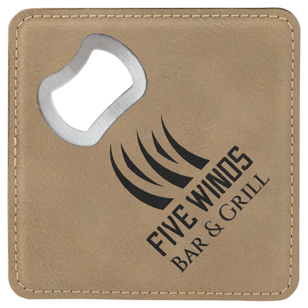 4" x 4" Square (Light Brown) Laserable Leatherette Bottle Opener Coaster