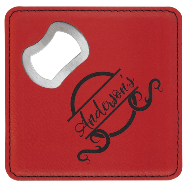 4" x 4" Square (Red) Laserable Leatherette Bottle Opener Coaster