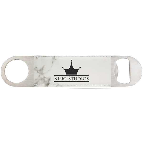 1 1/2" x 7" White (Marble) Laserable Leatherette Bottle Opener